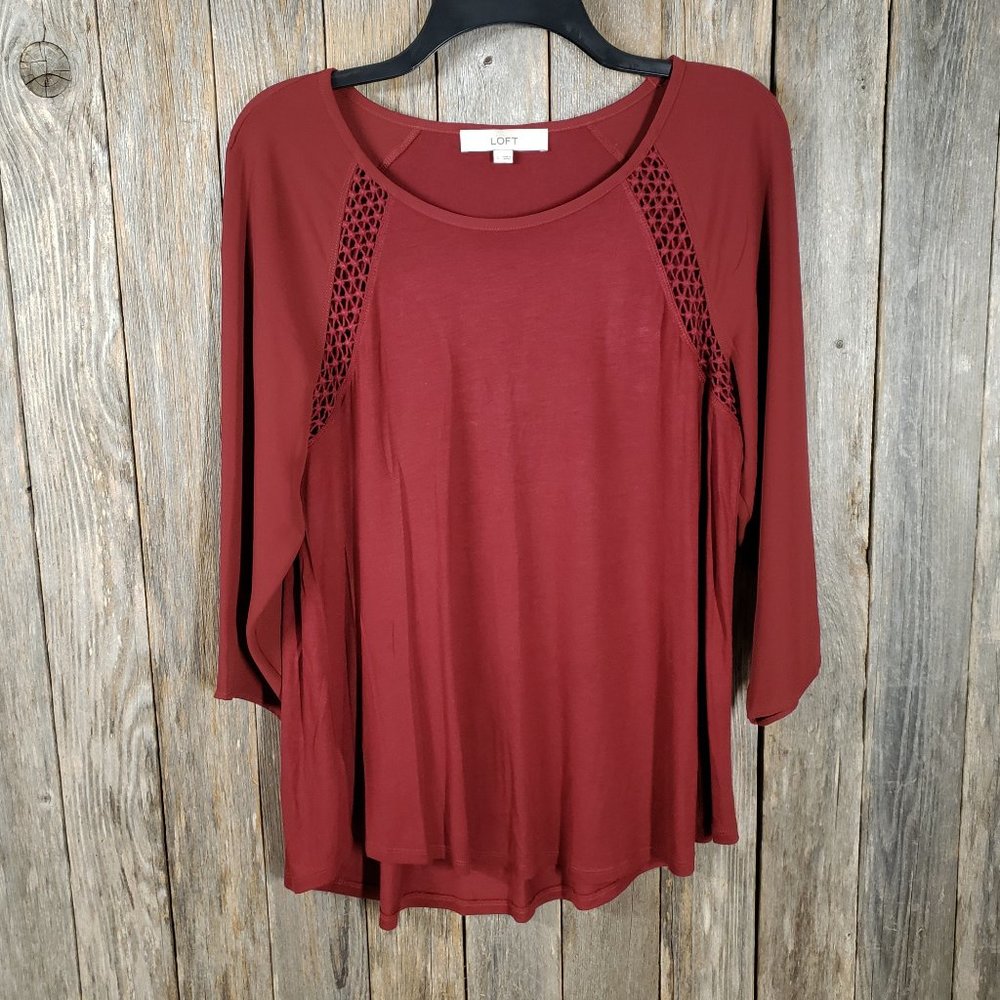 Loft S Women's Burgundy Rust Red Lace‎ Trim Mixed Media Blouse Top